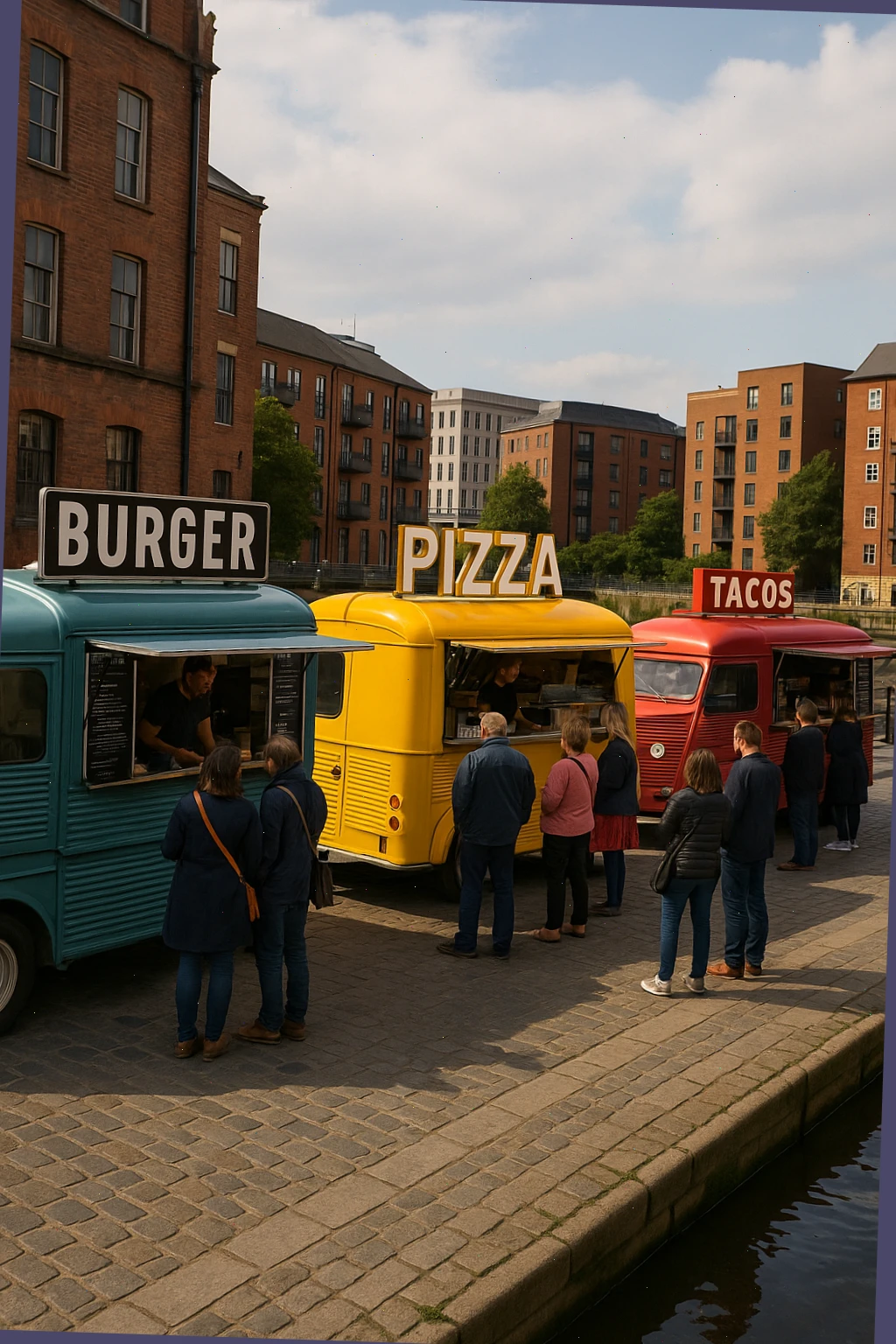 three Leeds food trucks lined along a quay with small queues at lunchtime